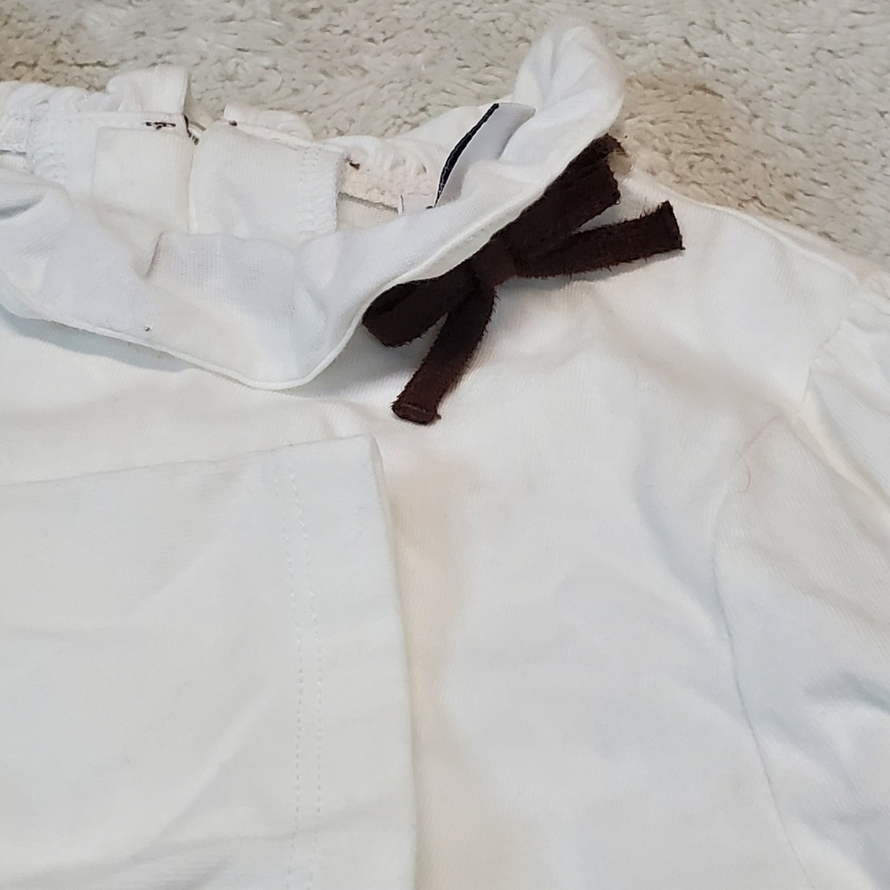 Janie and Jack White Brown Bow Ruffle Neck Preppy Cottage Chic Long Sleeve Top 6